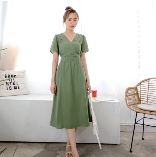 CASUAL WOMEN CLOTHES SHORT SLEEVE V NECK A LINE LONG MIDI DRESS S