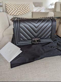 Chanel Boy Bag - Black Calfskin Old Medium Chevron