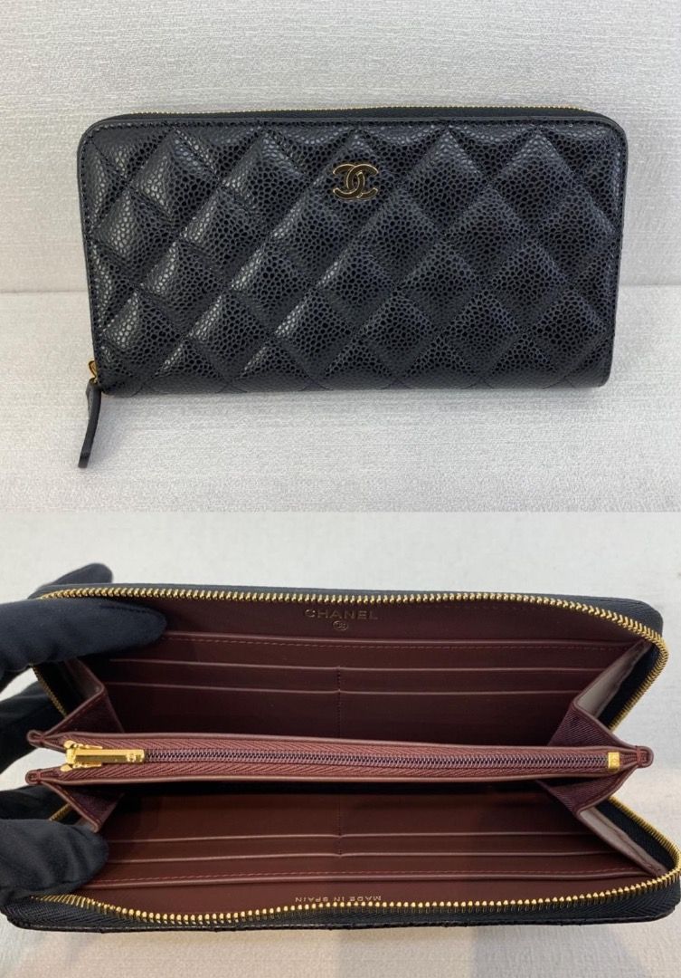 Chanel CLASSIC LONG ZIPPED WALLET 長銀包牛皮金扣Grained Calfskin & Gold-Tone Metal  Black, 名牌, 手袋及銀包- Carousell