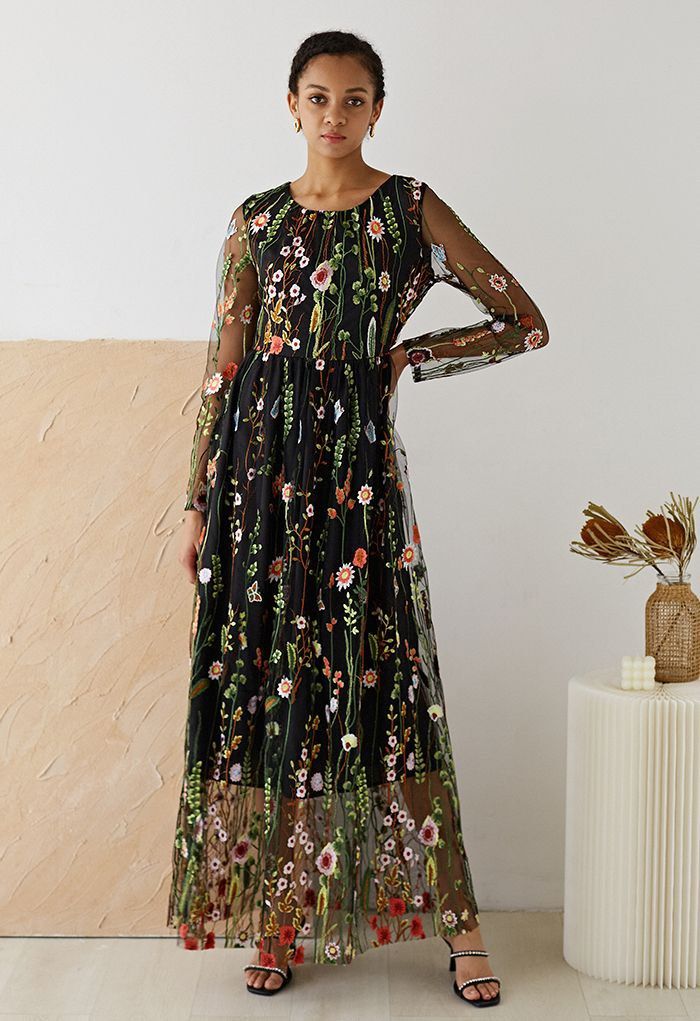 CHICWISH LOST IN FLOWERING FIELDS EMBROIDERED MESH MAXI DRESS IN BLACK