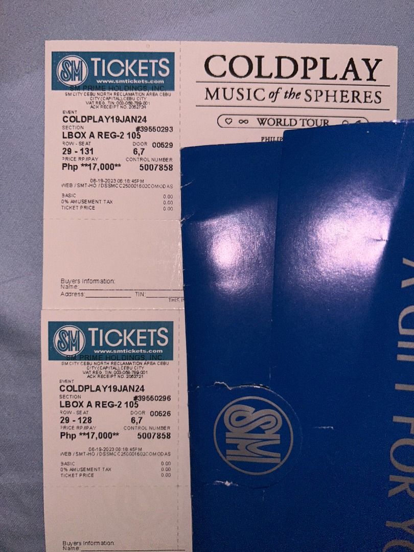 Coldplay tickets LBA regular 2 (4 pc alongside one another) (Category: Events Tickets) located in Cebu City. Submitted by davidchual78270 (Listing ID 1241638179, Image 2). Description: -32000 pesos each for the LBA regular 2 tickets -LBB regular 2 tickets also available for 23000 pesos each (4 pc alongside one another) -Can purchase in 2's..