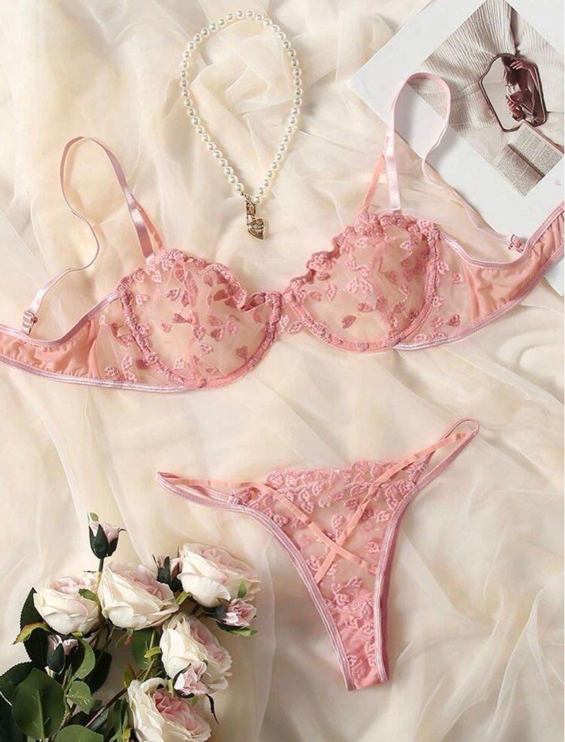 Cute pink hearts embroided mesh lingerie set, Women's Fashion, New  Undergarments & Loungewear on Carousell