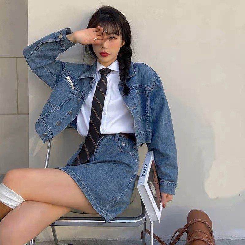 Cropped denim jacket skirt set size S Women s Fashion Dresses