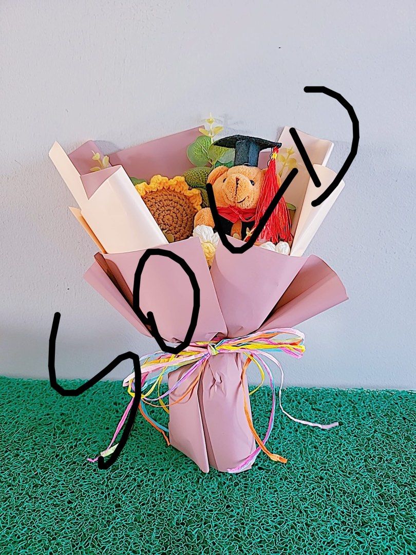 Graduation bear Bouquet with crochet flowers in a bouquet, Hobbies