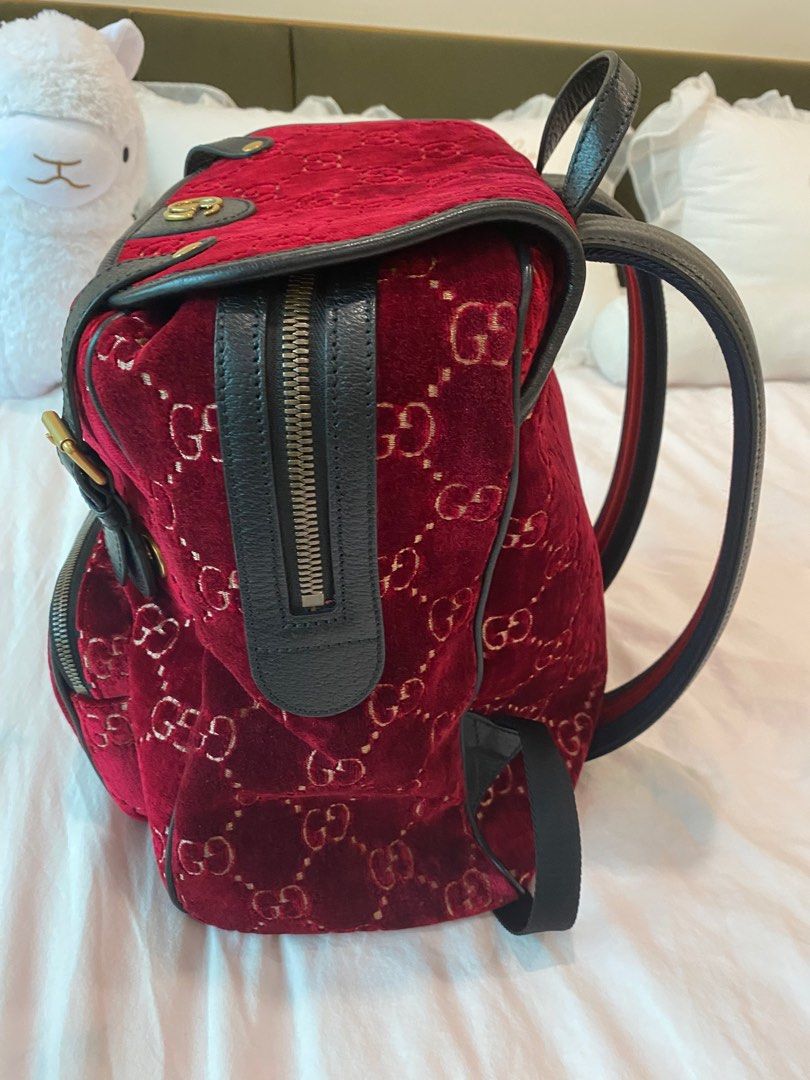 Gucci Red Monogram GG Velvet Marmont Small Double Buckle Backpack 58g128s Women s Fashion Bags Wallets Backpacks on Carousell