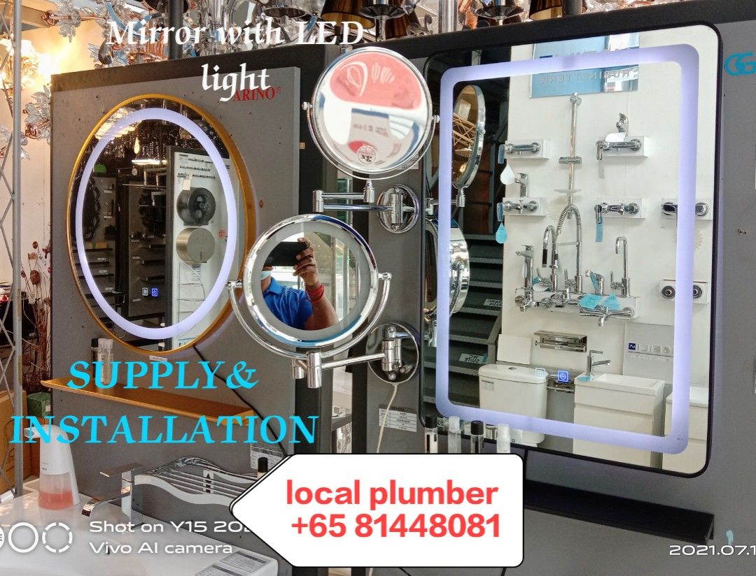 LED MIRROR (Category: Bathroom & Kitchen Fixtures) located in Singapore. Submitted by localplumber (Listing ID 1068610387, Image 1). Description: WhatsApp +65 81448081 🌟600mm Round LED Mirror with shelf. 🌟700x500 square LED Mirror. 🌟Anti Fog.