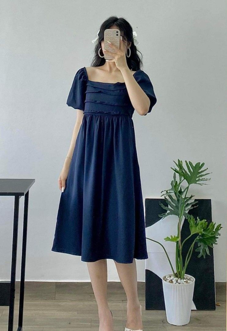 Navy Blue Midi Dress, Women's Fashion, Dresses & Sets, Dresses on Carousell