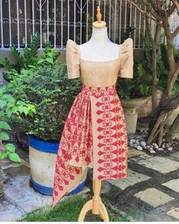 NUDE WITH RED INABEL HANDWOVEN FILIPINIANA DRESS FOR RENT