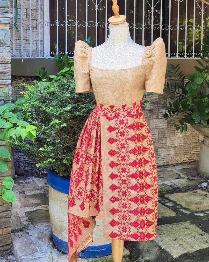NUDE WITH RED INABEL HANDWOVEN FILIPINIANA DRESS FOR RENT, Women's ...