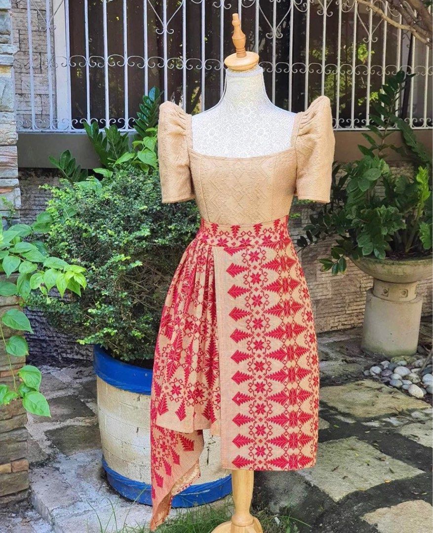 NUDE WITH RED INABEL HANDWOVEN FILIPINIANA DRESS FOR RENT, Women's ...