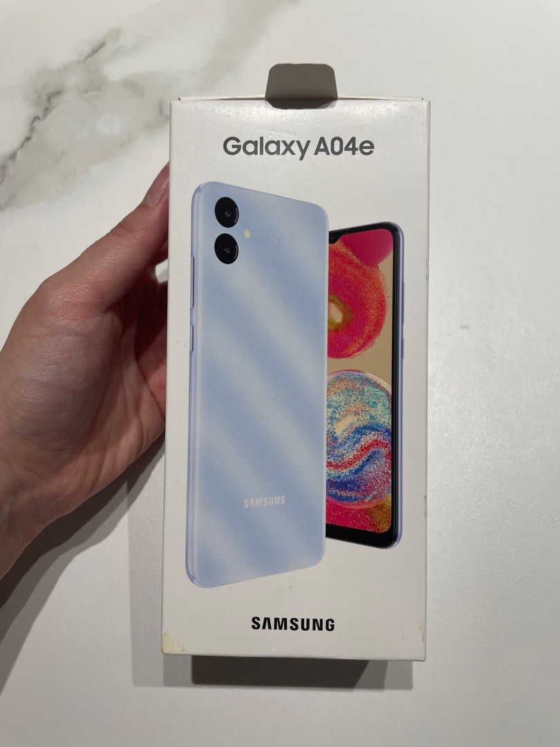Samsung Galaxy A04E light blue 32GB (Category: Samsung) located in Pasig City. Submitted by lexnthecity (Listing ID 1241661084, Image 1). Description: 32GB Brand new, never used/opened, no flaws, comes in original box and packaging. Smart sim only .