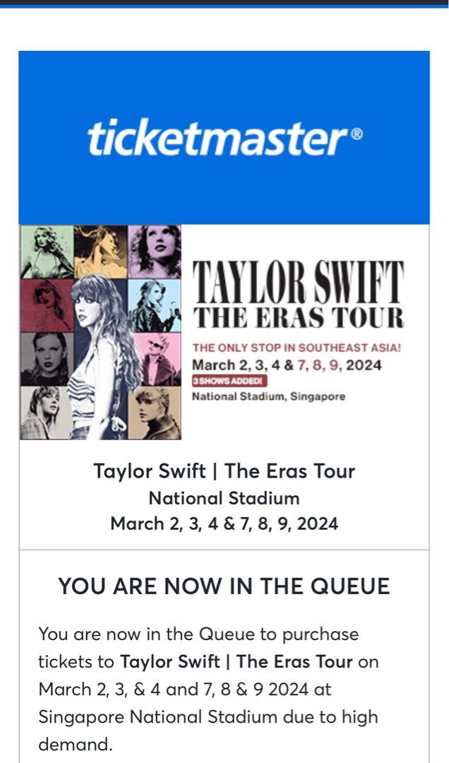 Taylor swift access code (Category: Event Tickets) located in Singapore. Submitted by jackolanternpanic (Listing ID 1241656434, Image 1). Description: You must be in queue right now .