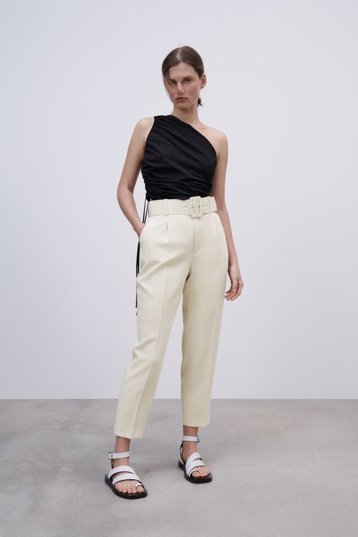 TROUSERS WITH LINED BELT - Ecru