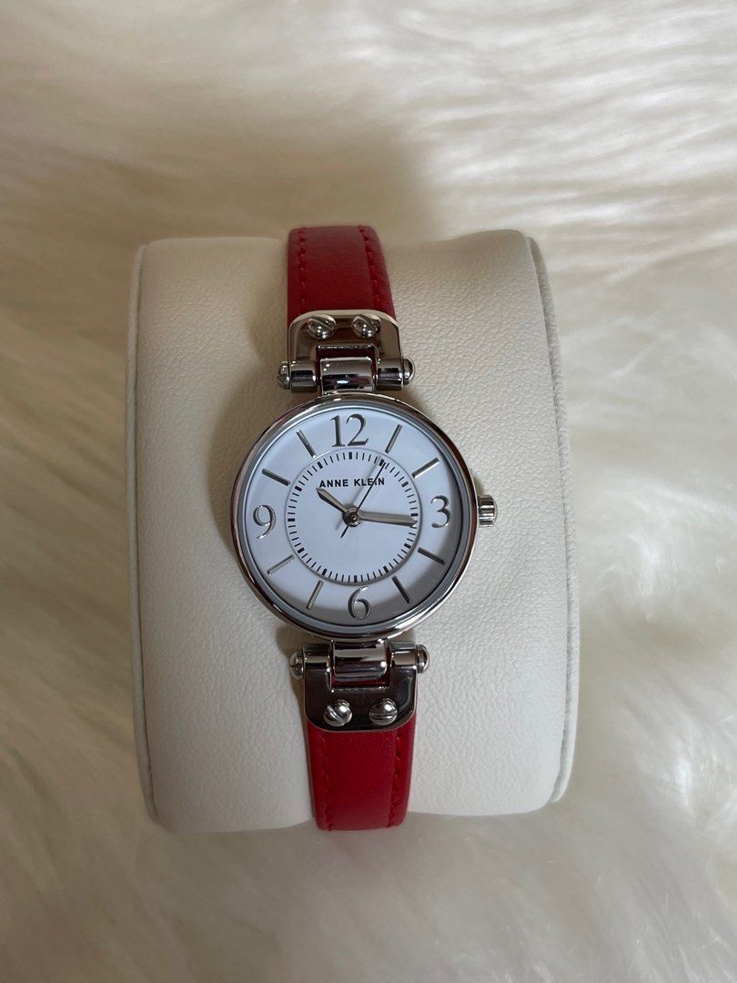 Restock Anne Klein Women s Leather Strap Watch Red Silver