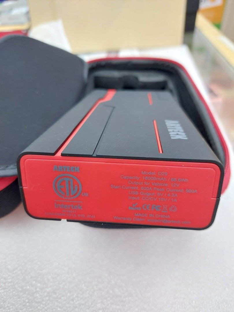 Arteck D29 Jump Starter 18000mAh 66.6Wh OP 12V Start 600A Current 900A USB 5V 4.2A IP CC CV 15V 1A