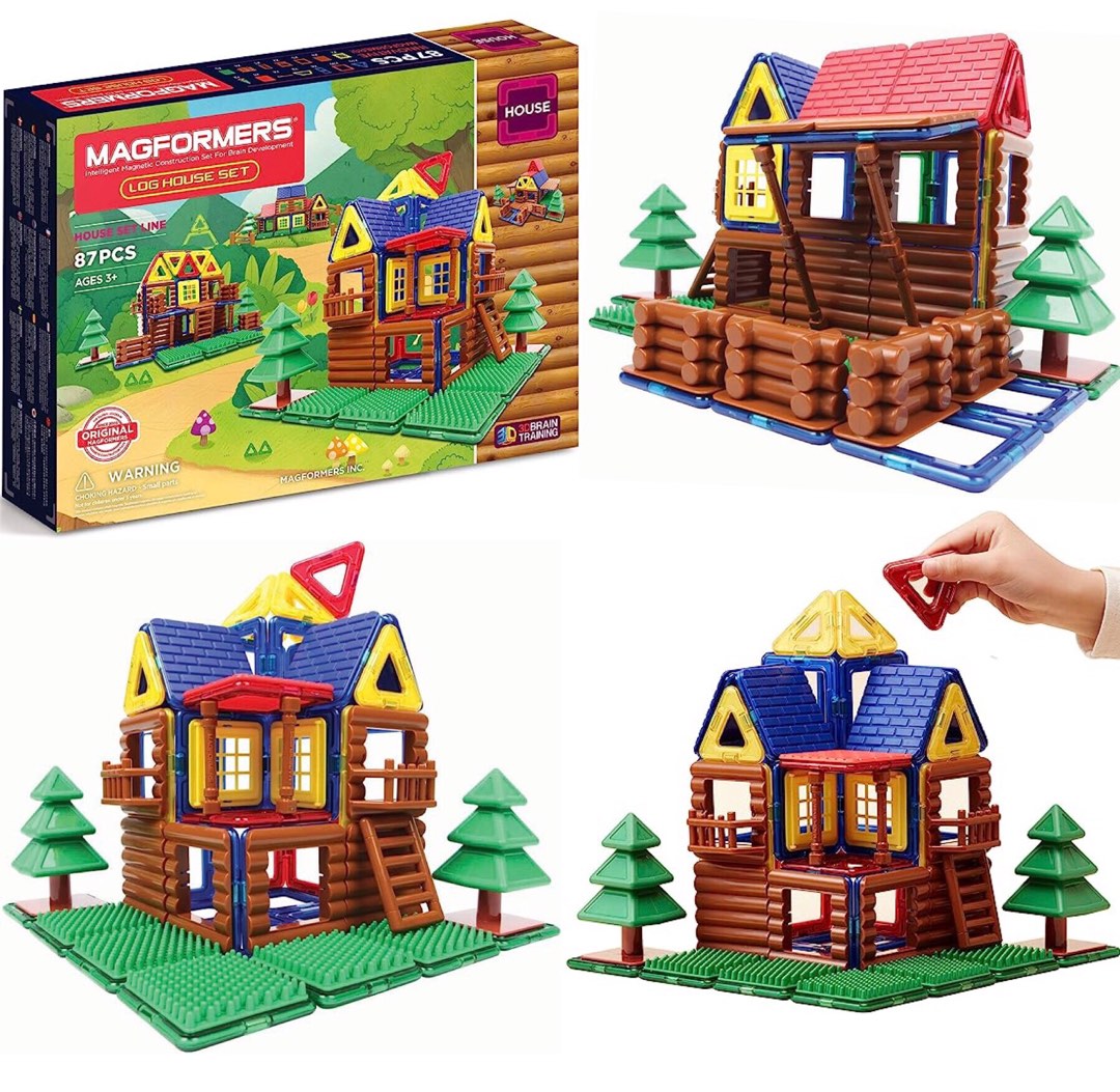 Authentic Magformers Log Cabin Toy Set Building Magnetic Toy Log Cabin and Tree House for Kids Set of 87 Pieces