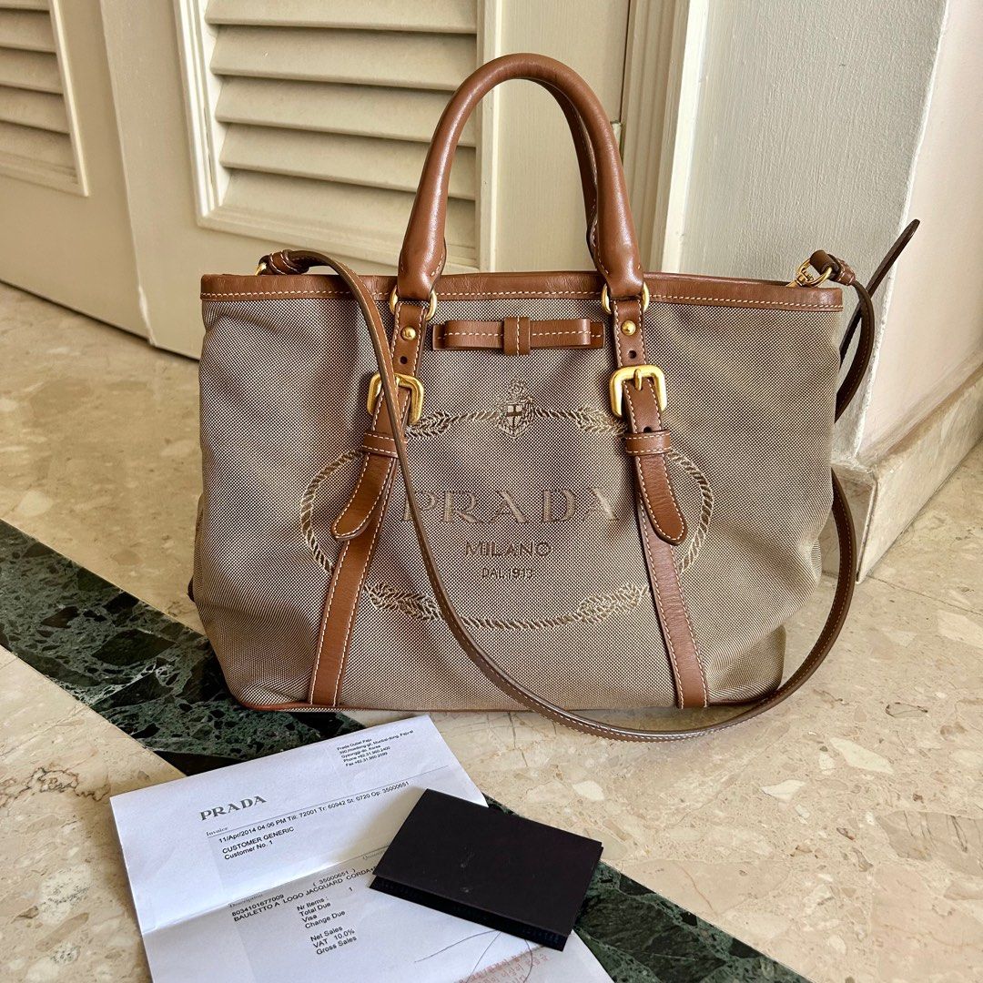 Prada Beige/Brown Jacquard Logo Canvas and Leather Bow Shoulder Bag