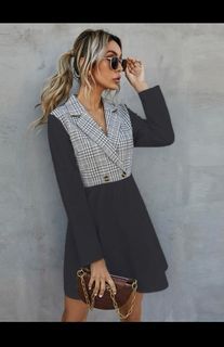 Black contrast Plaid long sleeves shirt dress S / 8 Brand New