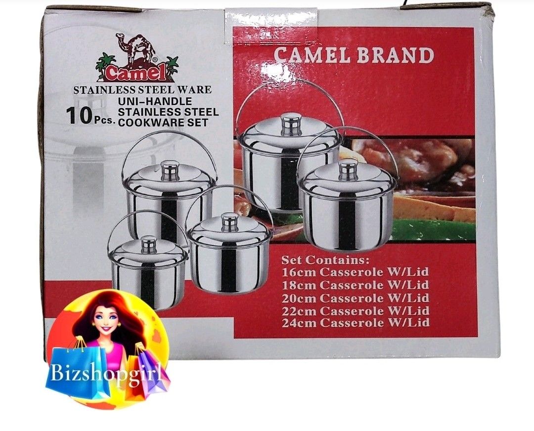 Original Camel 10pcs Stainless Steel Cookware Set (Category: Cookware & Accessories) located in Quezon City. Submitted by cbenz2003 (Listing ID 1241852492, Image 3). Description: Camel Stainless Cookware Set 10 pcs. uni-handle cookware 1 set contains: 16cm, 18cm, 20cm, 22cm, and 24cm casserole w/ lid A.16cm casserole pot B.18cm casserole pot C.20cm casserole pot D.22cm casserole pot E.24cm casserole pot lid of letter A lid of letter B lid of lett