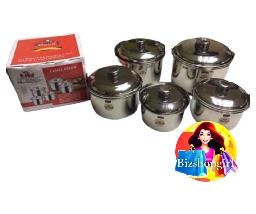 Original Camel 10pcs Stainless Steel Cookware Set (Category: Cookware & Accessories) located in Quezon City. Submitted by cbenz2003 (Listing ID 1241852492, Image 1). Description: Camel Stainless Cookware Set 10 pcs. uni-handle cookware 1 set contains: 16cm, 18cm, 20cm, 22cm, and 24cm casserole w/ lid A.16cm casserole pot B.18cm casserole pot C.20cm casserole pot D.22cm casserole pot E.24cm casserole pot lid of letter A lid of letter B lid of lett