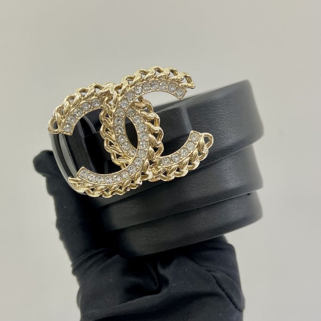Chanel Chanel Gold Tone Black Leather Belt