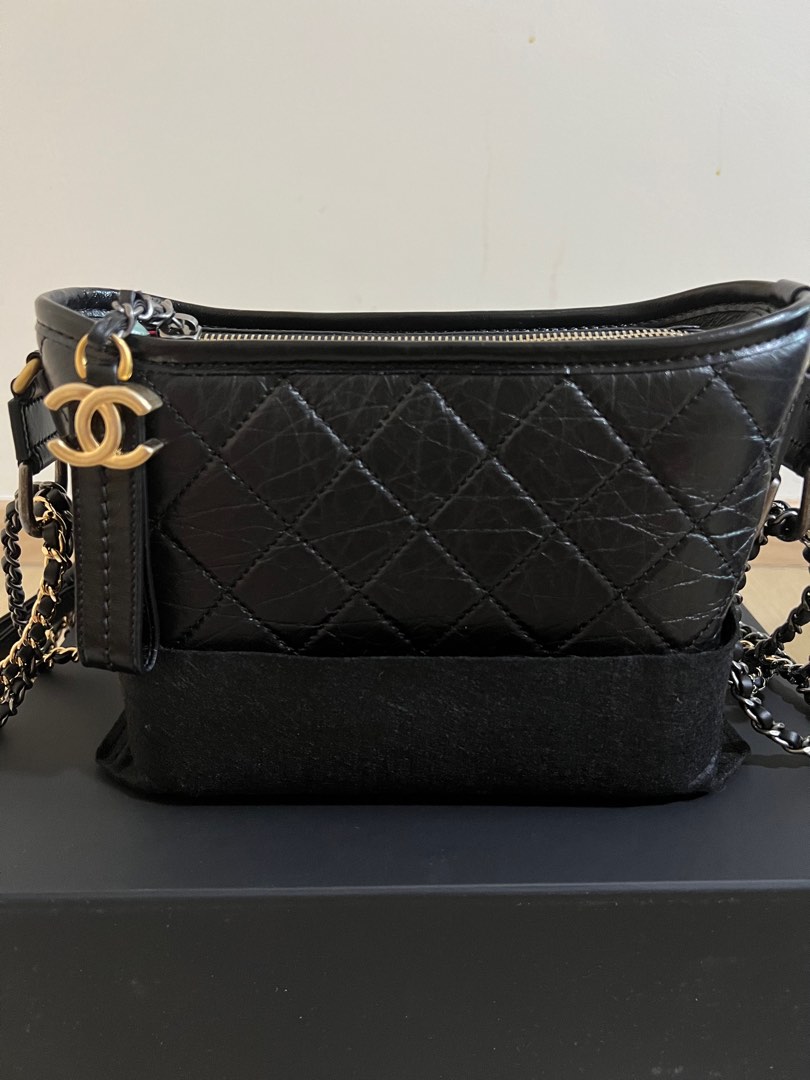 Chanel Black Chevron Quilted Aged Calfskin Small Gabrielle Hobo Gold and Ruthenium Hardware, 2018 (Very Good), Womens Handbag