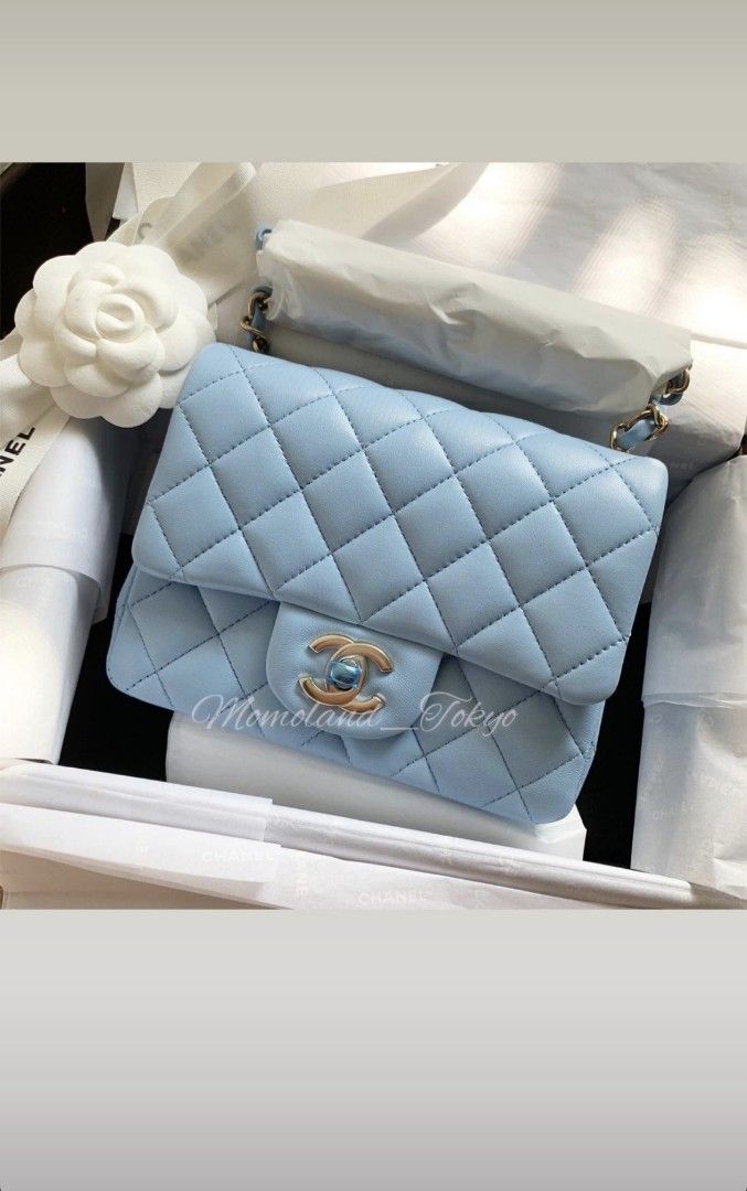 Timeless Chanel Classic Rectangular Mini Flap Bag with box Blue