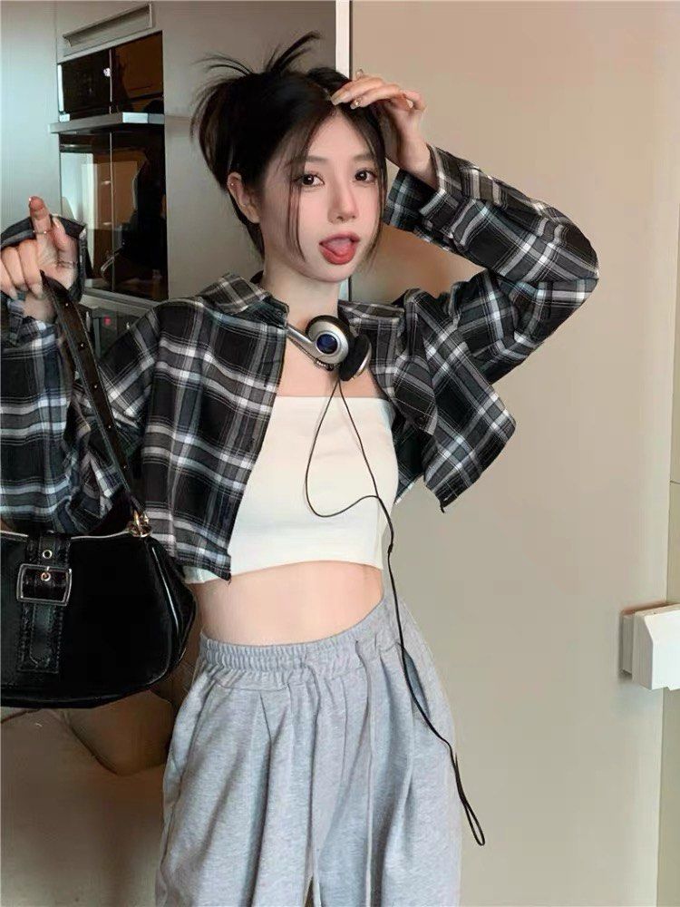 Checkered crop jacket store