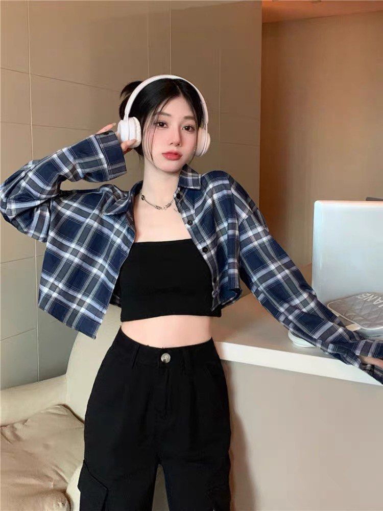 Checkered crop jacket shop