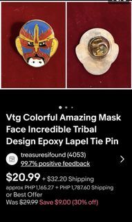 Collectibles VINTAGE Colorful Mask Tribal Face Tie Pin