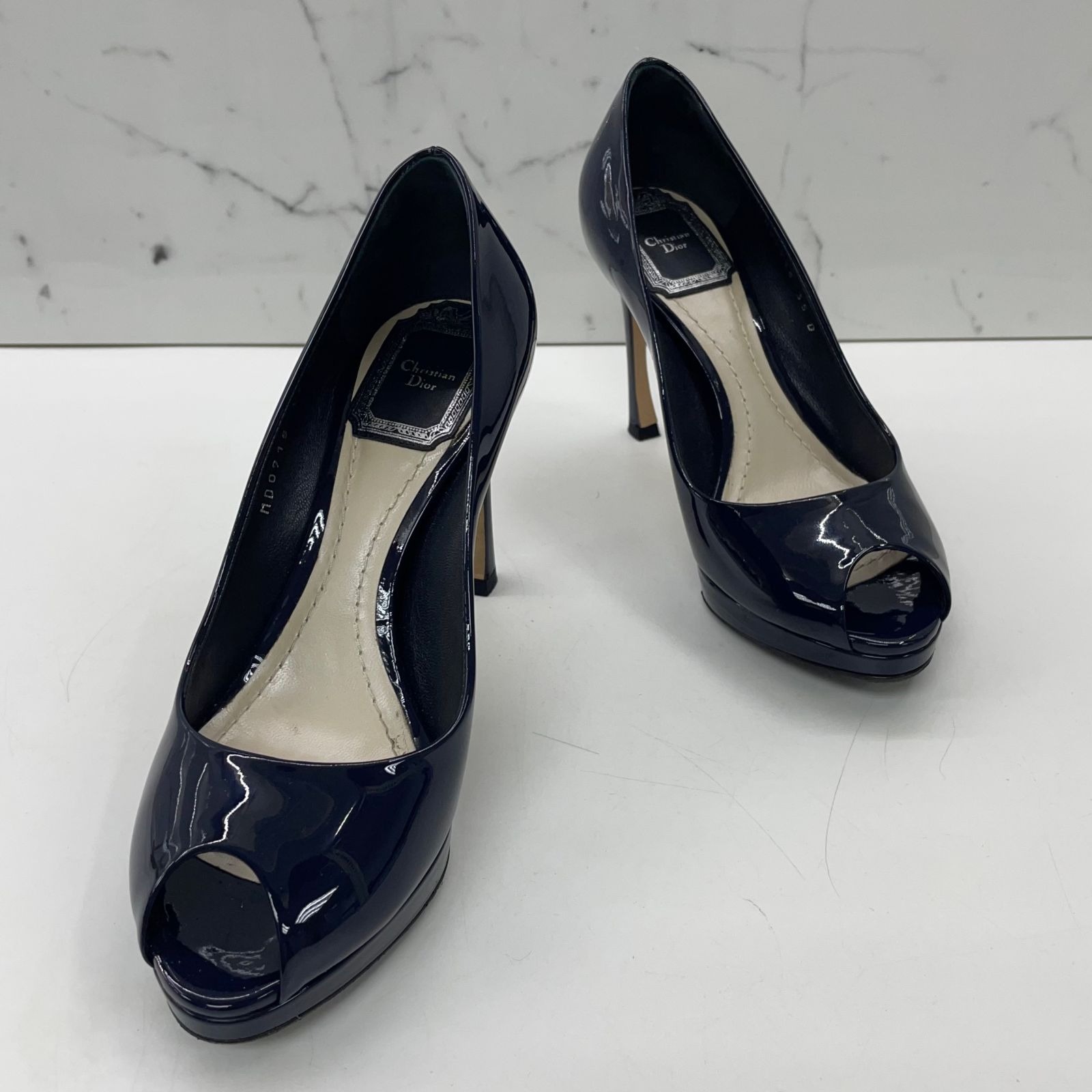 Navy patent peep toe shoes hotsell