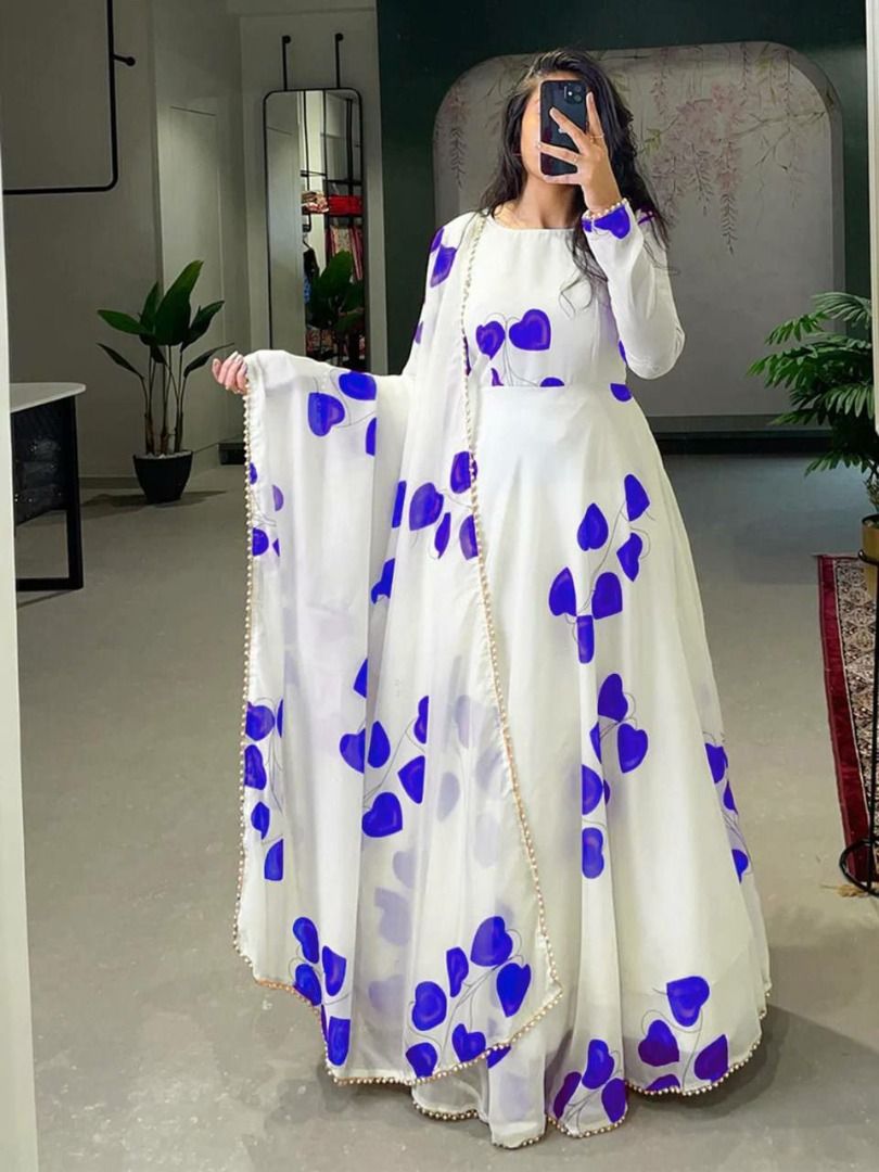 White dress with printed dupatta sale