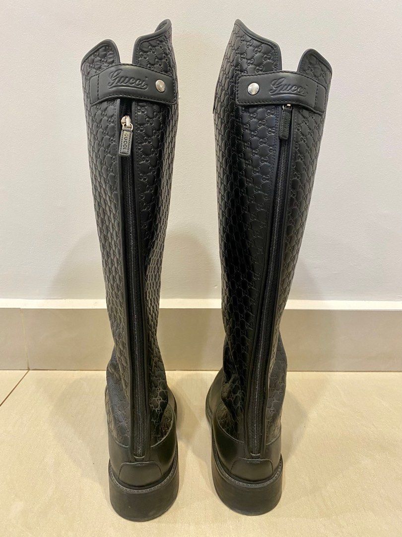 GUCCI Black Guccissima GG Logo Leather Tall Knee High Riding Boots