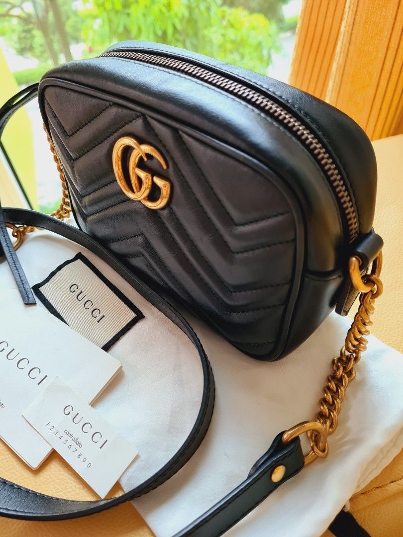 Gucci Mini Gold Chain Black Leather Sling Bag