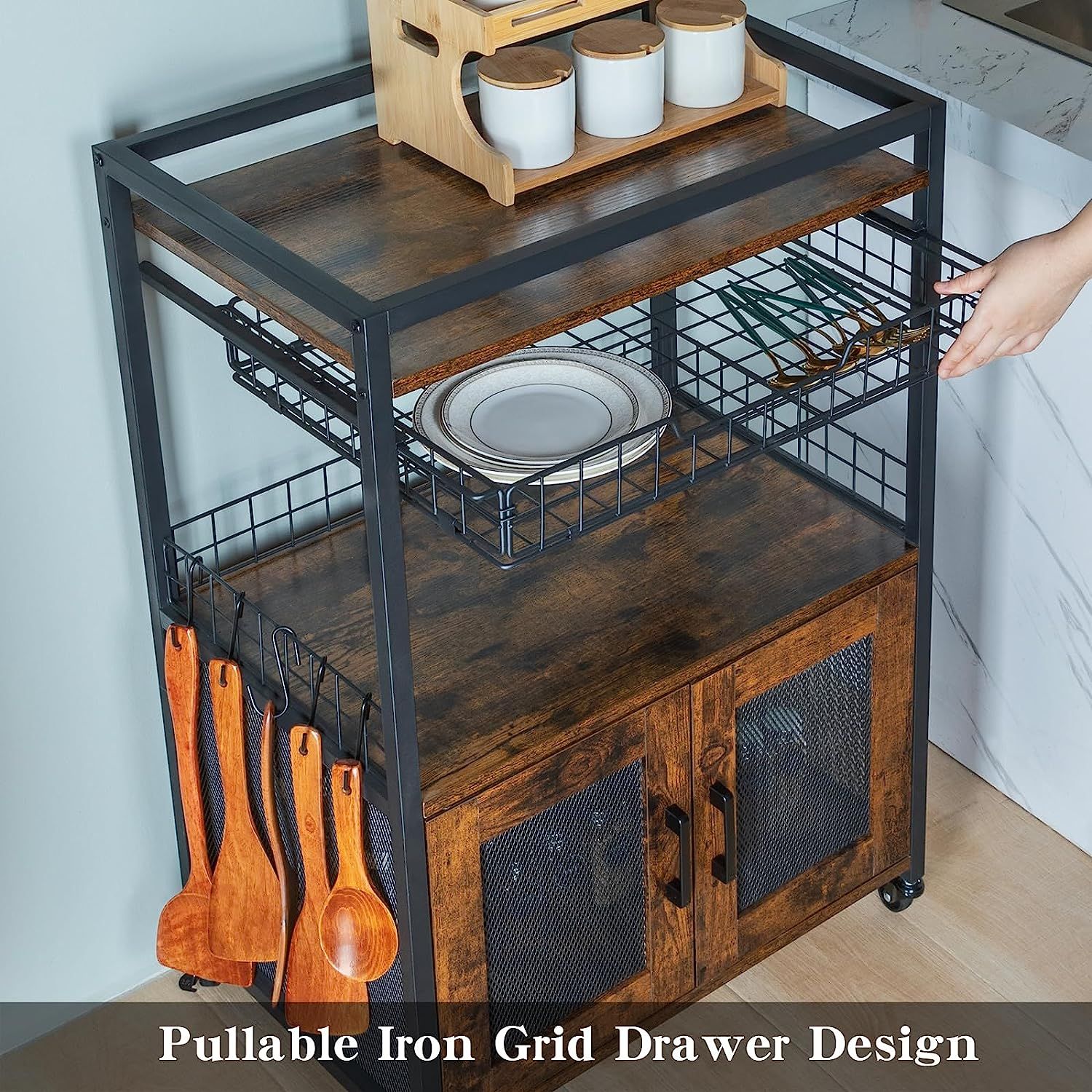 Hencawima Kitchen Island Microwave Cart Stand with Storage Cabinet Wire Basket Drawer on Wheels Bar Cart Rolling Coffee Cart Home Bakers Rack with 5 Hooks Rustic Brown CFG FX Furniture Home