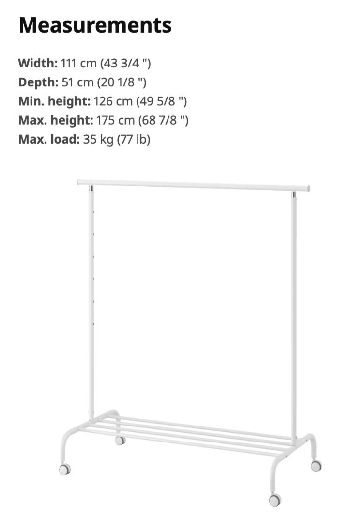 IKEA Rigga white minimalist clothes rack with wheels on Carousell