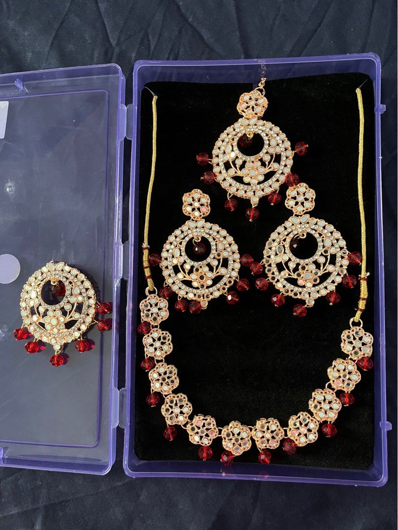 Indian jewellery set punjabi jewellery costume jewellery maang tikka set earrings necklace maang tikka mirror work red dangling earrings