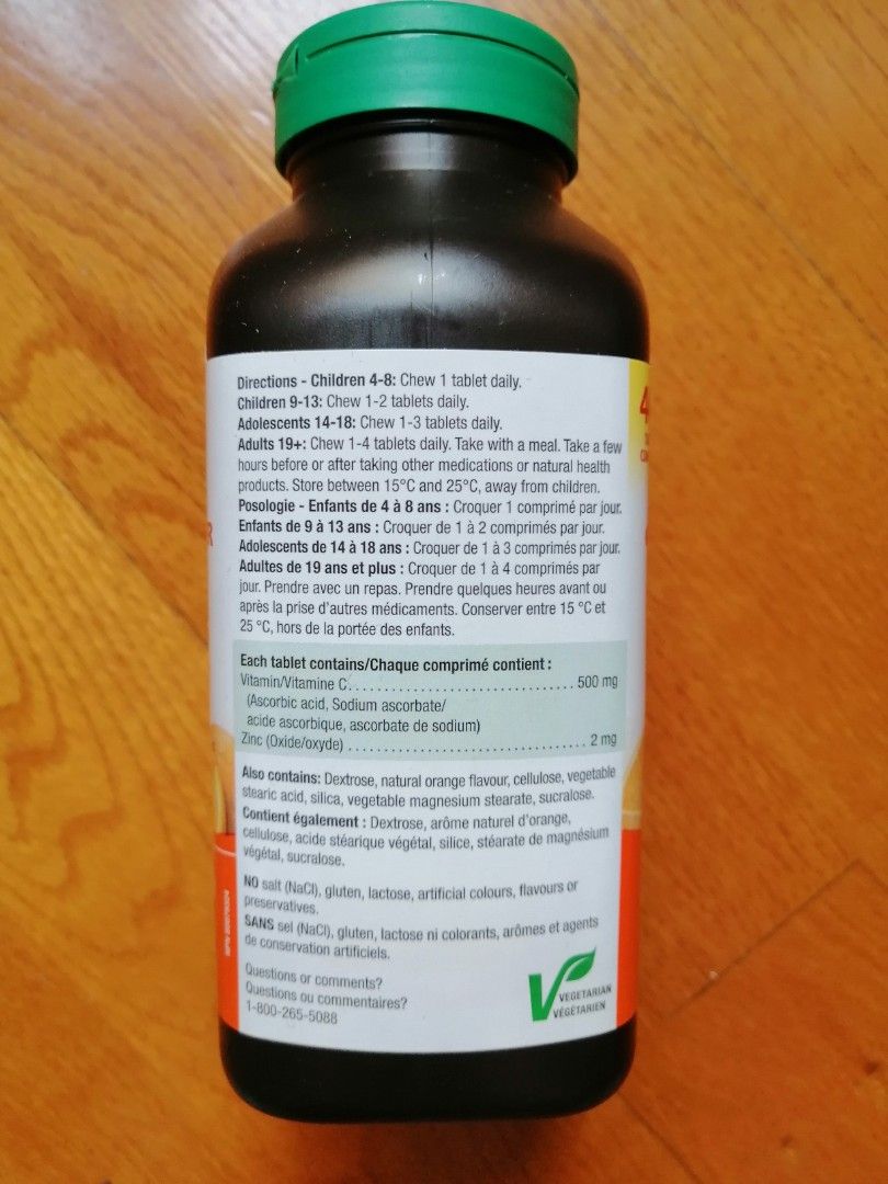 Jamieson chewable vitamin C + Zinc 500mg 400 tablets, 健康及營養食用品, 健康補充品