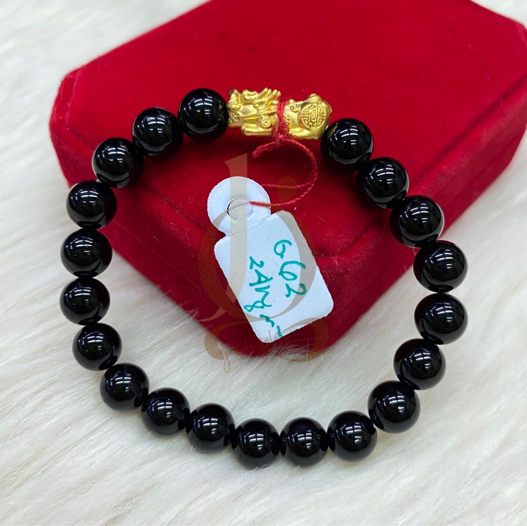 JEWL GOLD 24k Hong Kong Gold Piyao Bracelet 0.62g 8mm Black Onyx