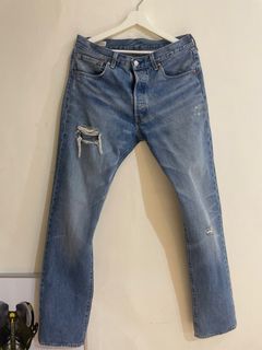 Levi's levis 501 W32 L34 二手經典深藍刷白刷紋501直筒牛仔褲, 他的