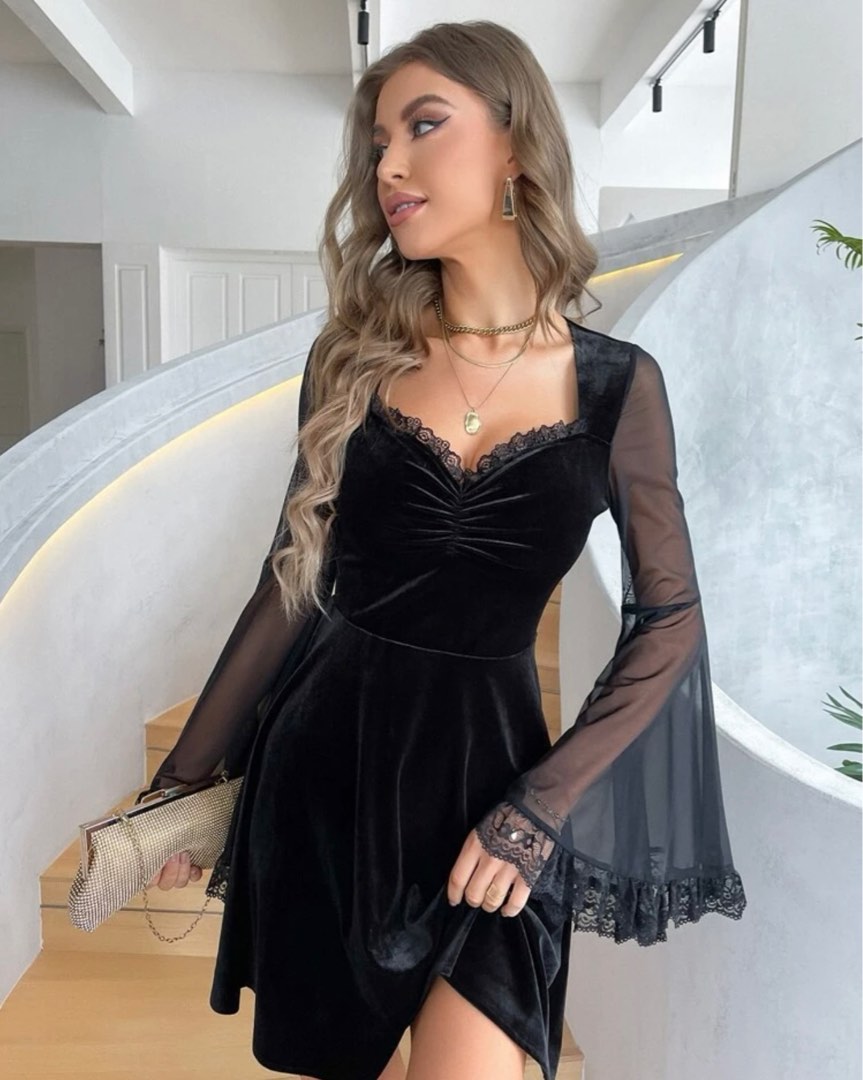 Low cut black lace dress clearance