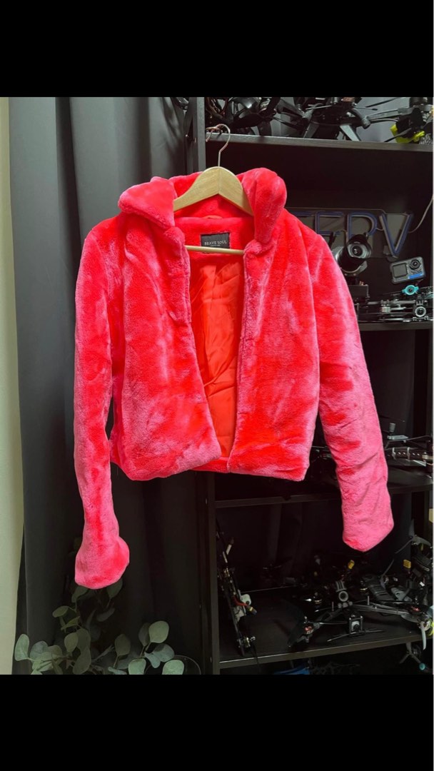 Neon Pink Cropped Faux Fur Jacket 40 Women s Fashion Coats
