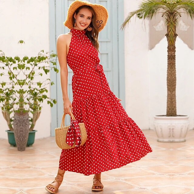Red and white best sale polka dot maxi dress