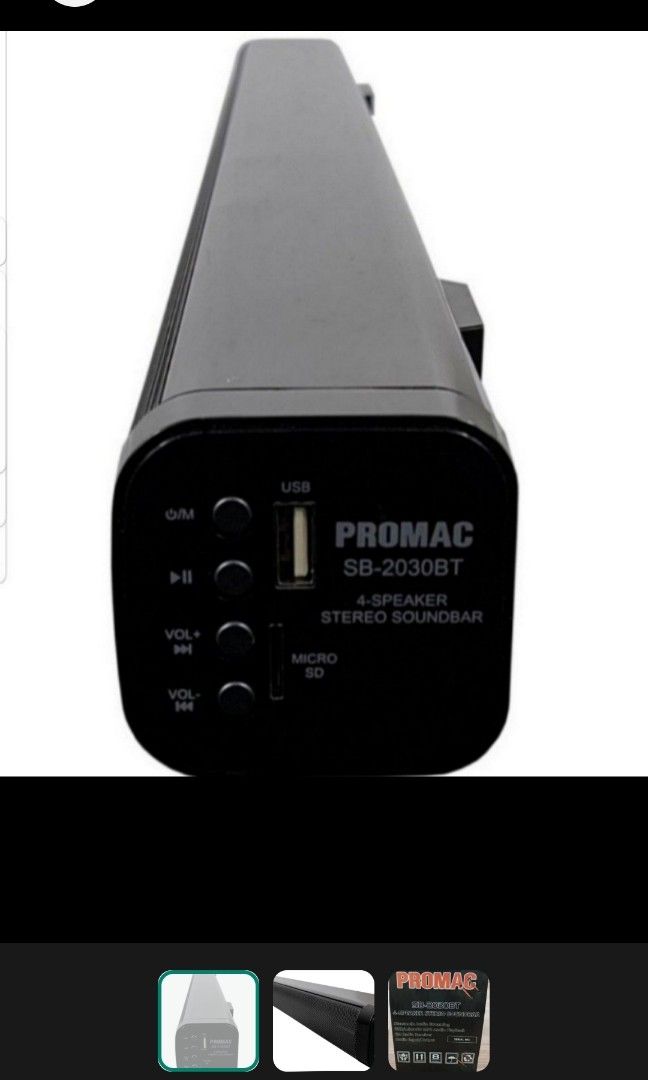 Promac Soundbar Bluetooth SD card NEW (Category: Soundbars, Speakers & Amplifiers) located in Manila. Submitted by al.rey (Listing ID 1241845139, Image 1). Description: brand new condition.