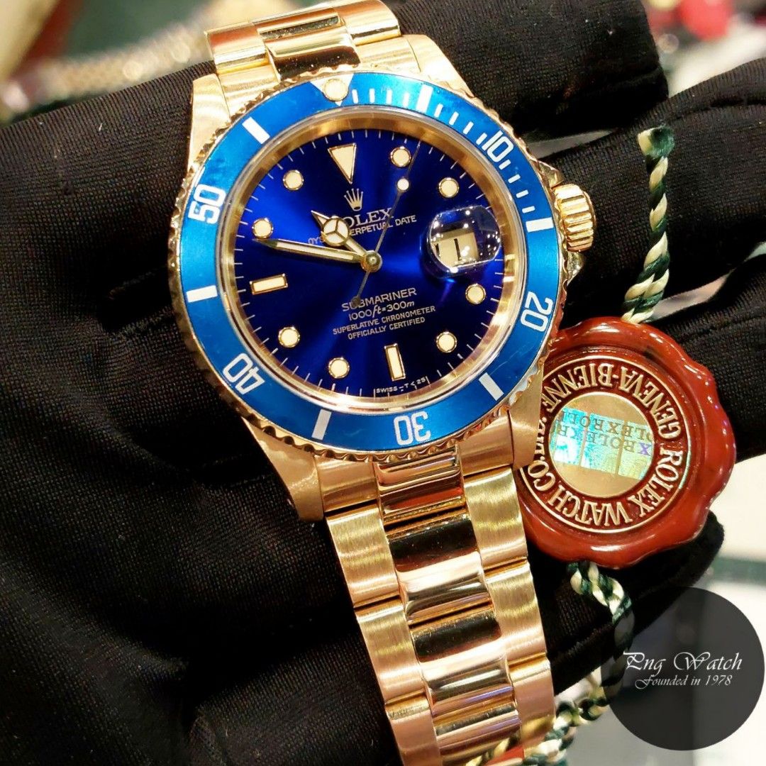 Rolex 40mm Oyster Perpetual 18K Full Yellow Gold Blue Dial Unisex Submariner Date REF 16618 N Series 2