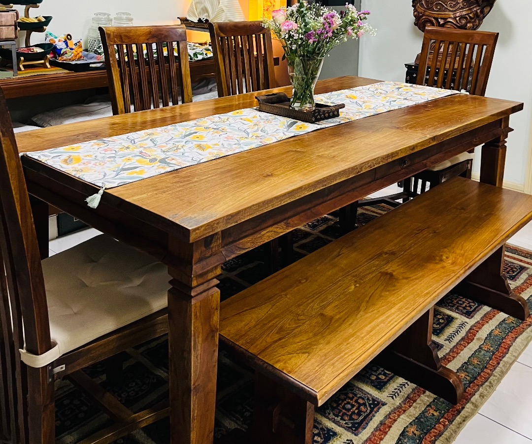 Solid Teakwood Dining Table and Bench Set, Furniture & Home Living