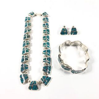 Sterling Silver with Turquoise Enameled Jewelry Set  Necklace Earrings Bracelet 