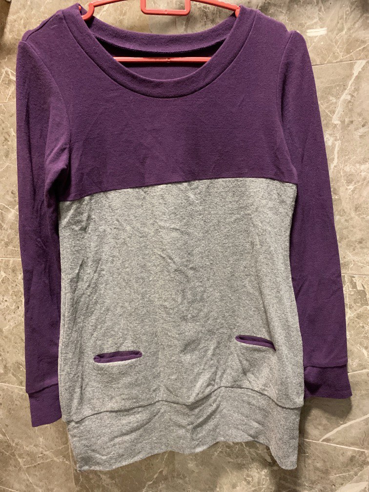 Sweater purple grey colour block pullover long sleeves top not knit cotton stretchable free size cold wear travel