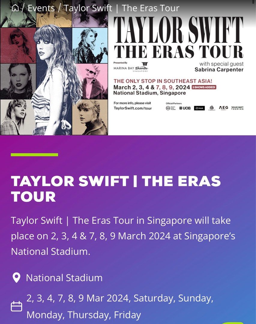 Taylor Swift Era Tour 2024 Cat 2 x4 ticket available, Tickets