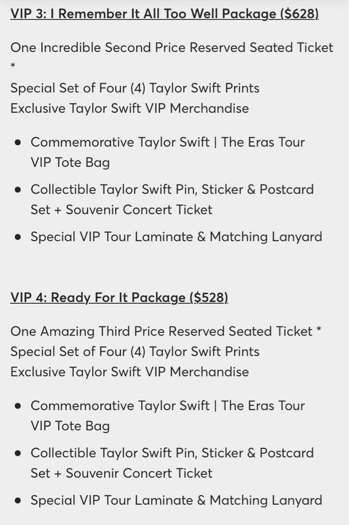 Taylor Swift The Eras Tour Singapore Vip 4 Package Ticket Tickets And Vouchers Event Tickets On